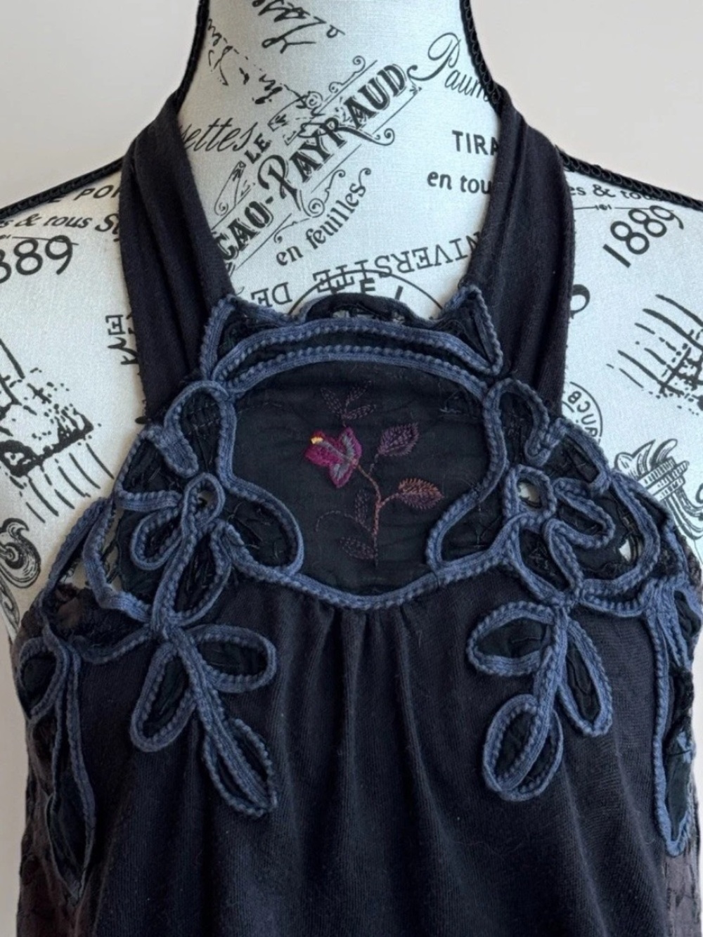 FREE PEOPLE Boho Floral Knit High Neck Distressed Halter Top Size XS